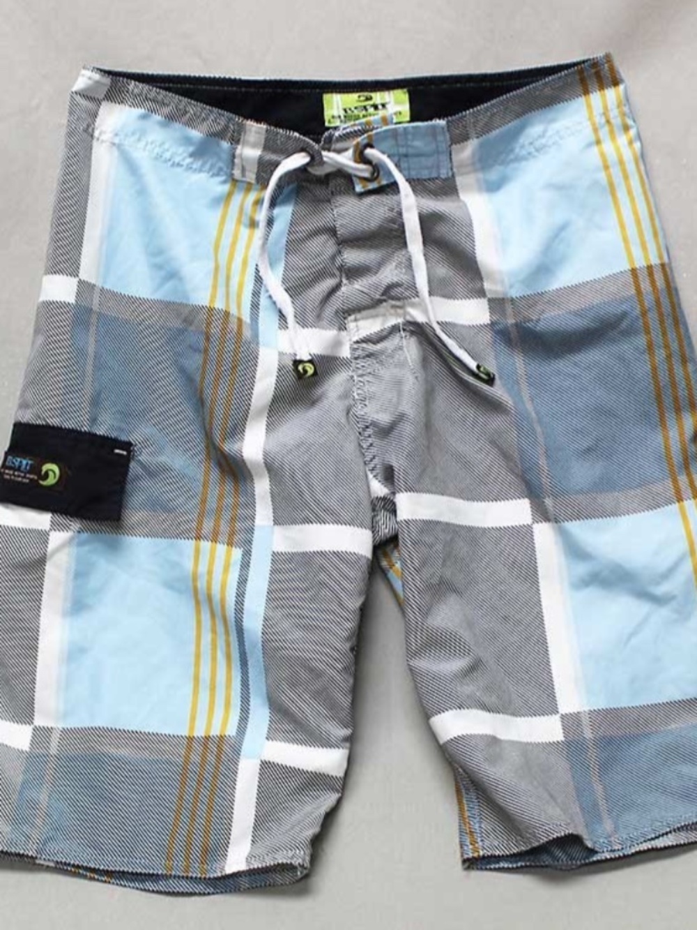 B.Split Men’s Board Shorts Size S Plaid Blue Gray Surf Swim Trunks Drawstring